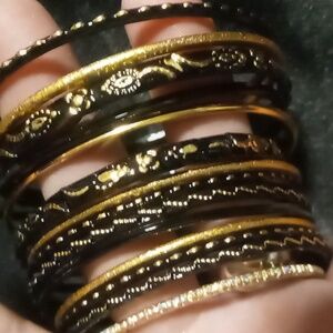 Girls Black and Gold child's small Bangle Set 14 bracelet in all